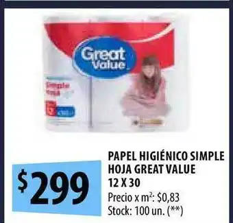 Punto Mayorista Papel Higiénico Simple Hoja Great Value 12x30 oferta