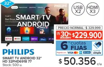 Carrefour PHILIPS SMART TV ANDROID 32" HD 32PHD6918 77 oferta