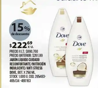 Coto Dove Jabón Líquido Cuidado Reconfortante Nutrición Indulgente Anti Stress Bot. x 250ml oferta