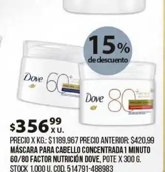 Coto Dove Máscara Para Cabello Concentrada 1 Minuto 60 80 Factor Nutrición Pote x 300g oferta