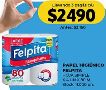 Supermercados Tadicor PAPEL HIGIÉNICO FELPITA HOJA SIMPLE X 4 UN X 80M oferta