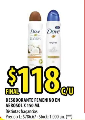 Punto Mayorista Dove Femenini en Aerosol Desodorante x 150ml oferta