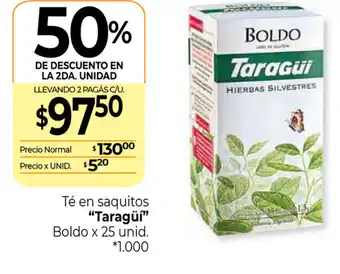 La Anonima Taragui Té en saquitos Boldo x 25unid oferta