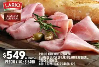 Coto FIAMBRE DE CERDO LARIO/CAMPO AUSTRAL X 100G oferta