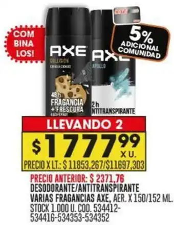 Coto DESODORANTE/ANTITRANSPIRANTE VARIAS FRAGANCIAS AXE, AER. X 150/152ML oferta