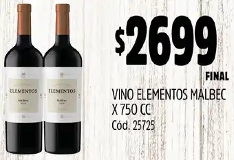 Supermercados Yaguar VINO ELEMENTOS MALBEC X 750CC oferta