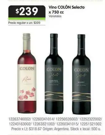 Jumbo Vino Colón Selecto Cabernet Sauvignon O Malbec 750cc oferta