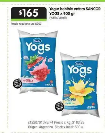 Jumbo Yogur Bebible Entero Sancor Yogs 900gr oferta