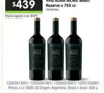Jumbo Vino Alma Mora Select Reserve x 750cc oferta