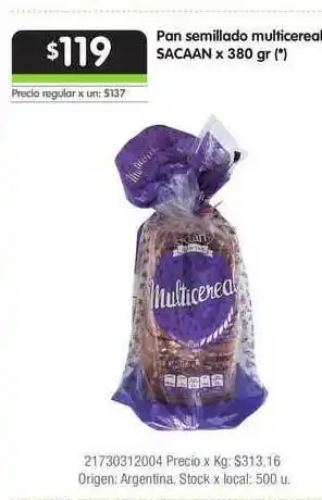 Jumbo Pan Semillado Multicereal Sacaan x 380gr oferta