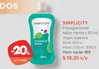 Farmacity Simplicity Enjuague Bucal Sabor Menta x 65ml oferta