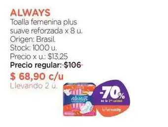 Farmacity Always Toalla Femenina Plus Suave Reforzada -70% En La 2da Unidad oferta