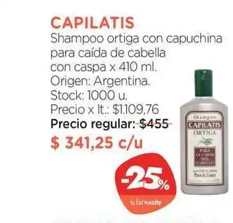 Farmacity Capilatis Shampoo Ortiga Con Capuchina Para Caída De Cabella Con Caspa x 410ml oferta