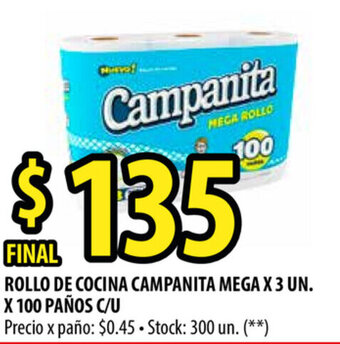 Punto Mayorista Campanita Mega Rollo de Cocina x 3un x 100 Paños c/u oferta