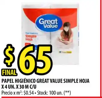 Punto Mayorista Great Value Simple Hoja Papel Higiénico x 4un x 30m c/u oferta