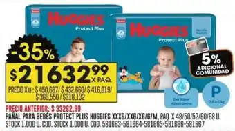 Coto PAÑAL PARA BEBÉS PROTECT PLUS HUGGIES XXXG/XXG/XG/G/M, PAQ. X 48/50/52/60/68 U oferta