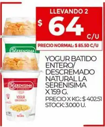 Supermercados DIA Yogur Batido Entero Descremado Natuarl La Serenisima x 159g oferta