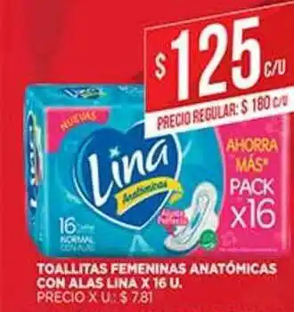 Supermercados DIA Toallitas Femeninas Anatómicas Con Alas Lina x 16u oferta