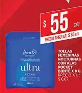 Supermercados DIA Toallas Femeninas Nocturnas Con Alas Pocket Bonté x 8u oferta