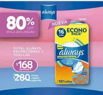 Supermercados DIA Total Always Protectores Y Toallas 80% Off En La 2da Unidad oferta