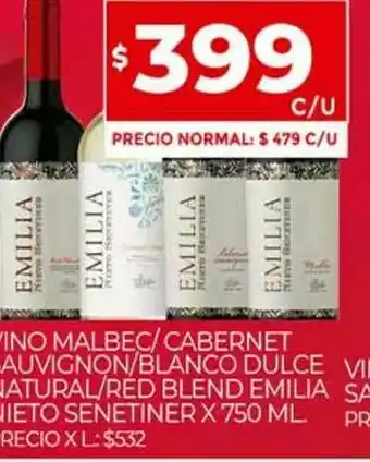 Supermercados DIA Vino Malbec Cabernet Sauvignon Blanco Dulce Natural Red Blend Emilia Nieto Senetiner x 750ml oferta