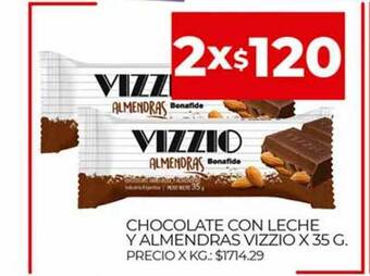 Supermercados DIA Chocolate Con Leche Y Almendras Vizzio x 35g oferta