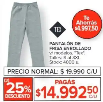 Carrefour PANTALÓN DE FRISA ENROLLADO v/ modelos. "Tex" Talles: S al 3XL oferta
