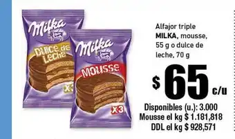 Cooperativa Obrera Milka Alfajor Triple, Mousse 55g O Dulce De Leche 70g oferta