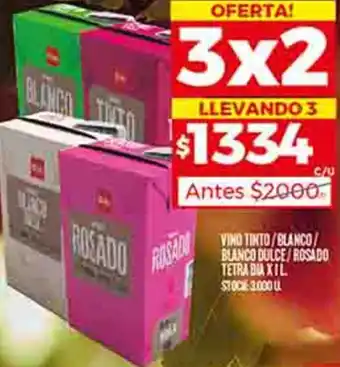 Supermercados DIA VINO TINTO/BLANCO/ BLANCO DULCE/ROSADO TETRA DIA X 1L oferta
