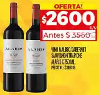Supermercados DIA VINO MALBEC CABERNET SAUVIGNON TRAPICHE ALARIS X 750ML oferta