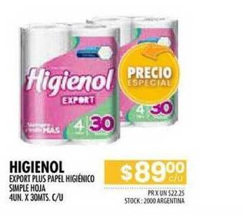 Pigmento Higienol Export Plus Papel Higiénico Simple Hoja 4Un x 30Mts c/u oferta