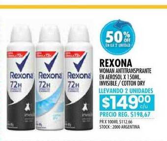 Pigmento Rexona Woman Antitranspirante En Aerosol X 150ml Invisible Cotton Dry oferta