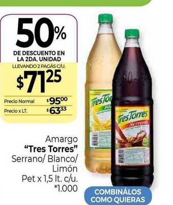 La Anonima Amargo Tres Torres Serrano Blanco Limón 50% De Descuento En La 2da. Unidad oferta