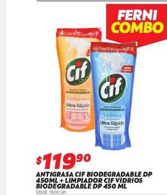 Ferniplast Antigrasa Cif Biodegradable Dp 450ml + Limpiador Cif Vidrios Biodegradable Dp 450 Ml oferta