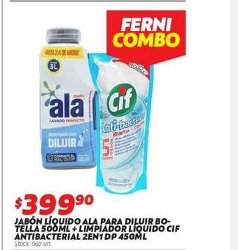 Ferniplast Jabón Líquido Ala Para Diluir Botella 500 Ml + Limpiador Liquido Cif Antibacterial 2en1 Dp 450ml oferta