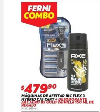 Ferniplast Máquinas De Afeitar Bic Flex 3 Hybrid C 5 Cart + Desodorante Axe Aero Bs Gold Vainilla 150 Ml De Regalo oferta