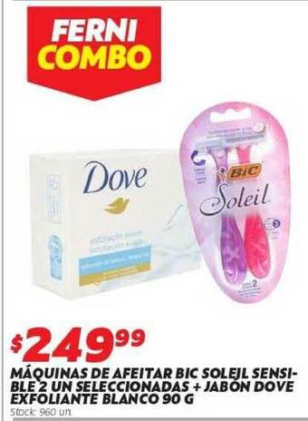 Ferniplast Máquinas De Afeitar Bic Soleil Sensible 2 Un Seleccionadas + Jabon Dove Exfoliante Blanco 90 G oferta
