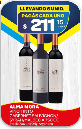 Carrefour Maxi Alma Mora Vino Tinto Cabernet Sauvignon/Syrah/Malbec x 750cc oferta