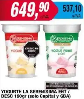 Maxiconsumo YOGURTH LA SERENISIMA ENT/ DESC 190gr oferta