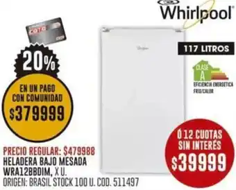 Coto Whirlpool HELADERA BAJO MESADA WRA12BBDIM, XU. oferta
