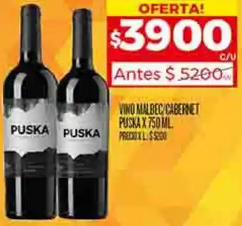 Supermercados DIA VINO MALBEC/CABERNET PUSKA X 750ML oferta