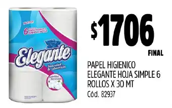 Supermercados Yaguar PAPEL HIGIENICO ELEGANTE HOJA SIMPLE 6 ROLLOS X 30 MT oferta