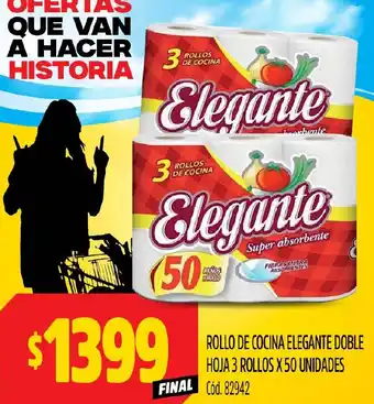 Supermercados Yaguar ROLLO DE COCINA ELEGANTE DOBLE HOJA 3 ROLLOS X 50 UNIDADES oferta