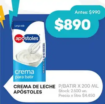 Supermercados Tadicor CREMA DE LECHE APÓSTOLES P/BATIR X 200 ML oferta