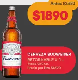Supermercados Tadicor CERVEZA BUDWEISER RETORNABLE X 1L oferta