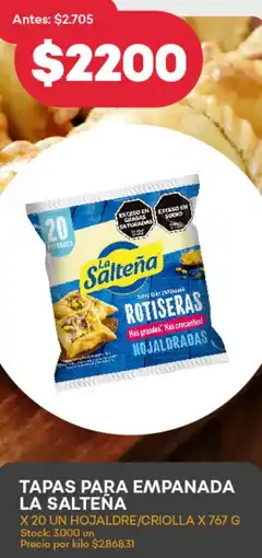 Supermercados Tadicor TAPAS PARA EMPANADA LA SALTEÑA X 20UN HOJALDRE/CRIOLLA X 767G oferta