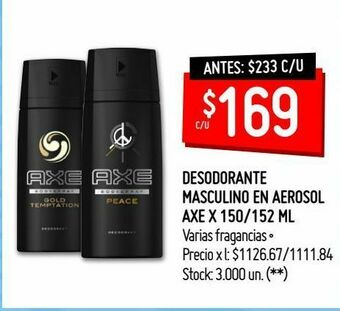 Changomas Desodorante masculino en aerosol axe x 150/152 ml oferta