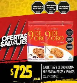 Supermercados Yaguar GALLETITAS 9 DE ORO AVENA- MIEL/AVENA-PASAS x 180GR oferta