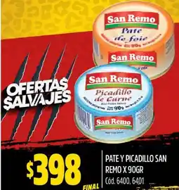 Supermercados Yaguar PATE Y PICADILLO SAN REMO X 90GR oferta