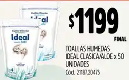 Supermercados Yaguar TOALLAS HUMEDAS IDEAL CLASICA/ALOE x 50 UNIDADES oferta